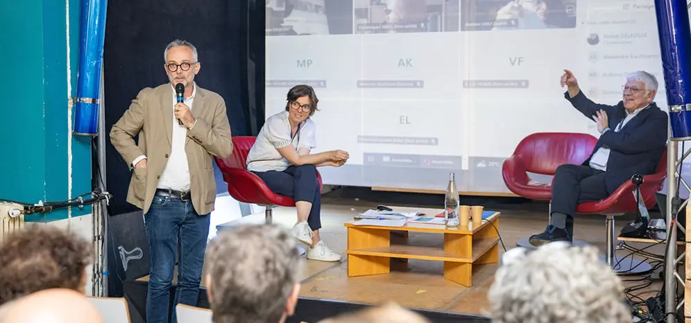 Prise de parole lors de l’Assemblée générale de France Active en 2025 avec Denis Dementhon, directeur général, Fanny Gérome, directrice générale adjointe, et Pierre-René Lemas, président, sur scène